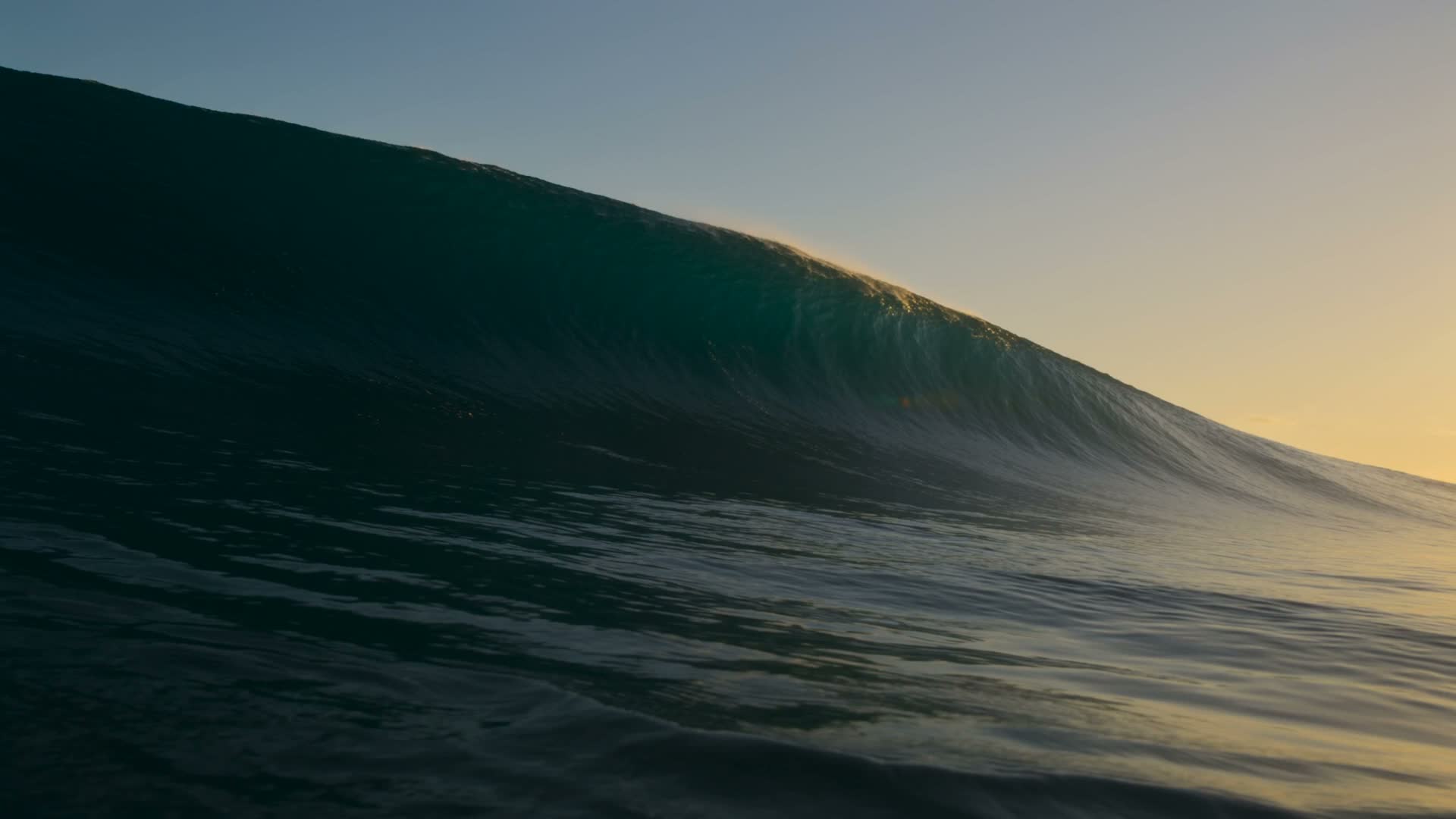 A dark green wave standing up against a pale dawn sky, lip feathering in offshore wind