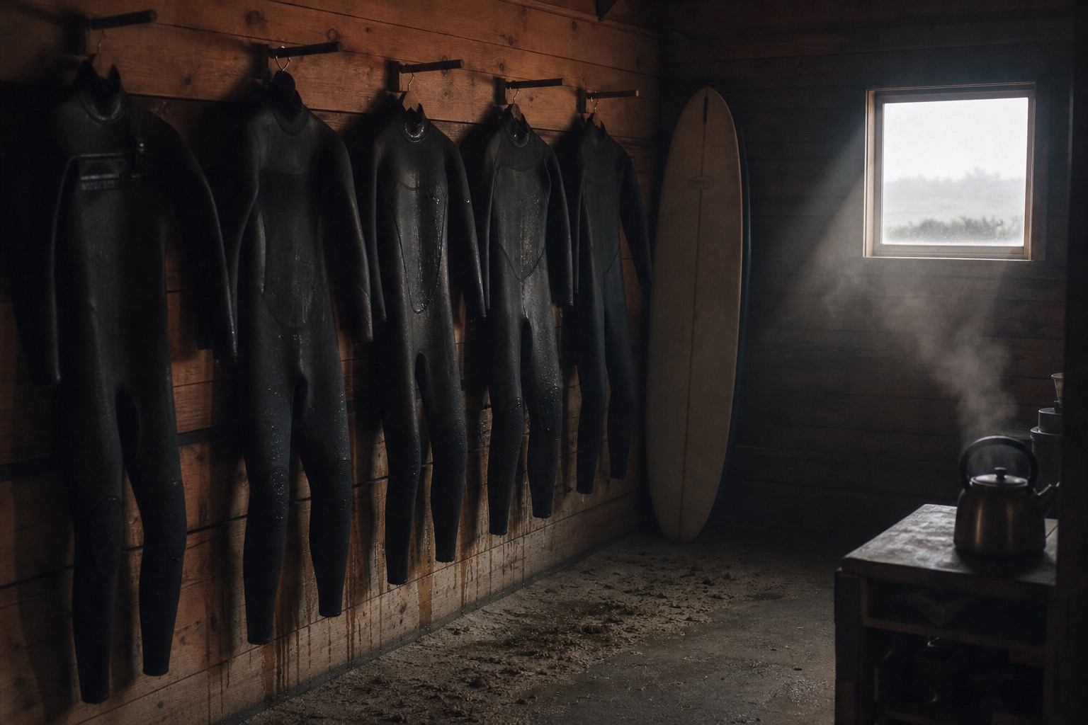 Five wet black wetsuits hanging on pegs in a cedar shed, steam rising near a kettle by the window